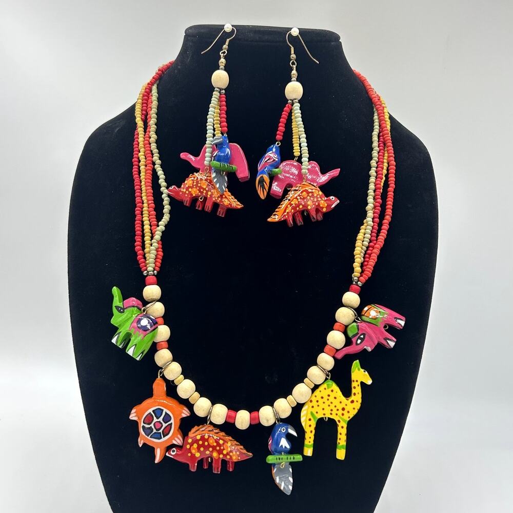 Vintage Colorful Wooden Painted Animals Necklace & Pierced Earrings Jewelry Set